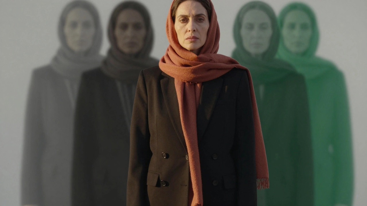 Женщина в черном пиджаке с терракотовым шарфом, лицо освещено золотым светом, холодные цвета растворяются за ней.