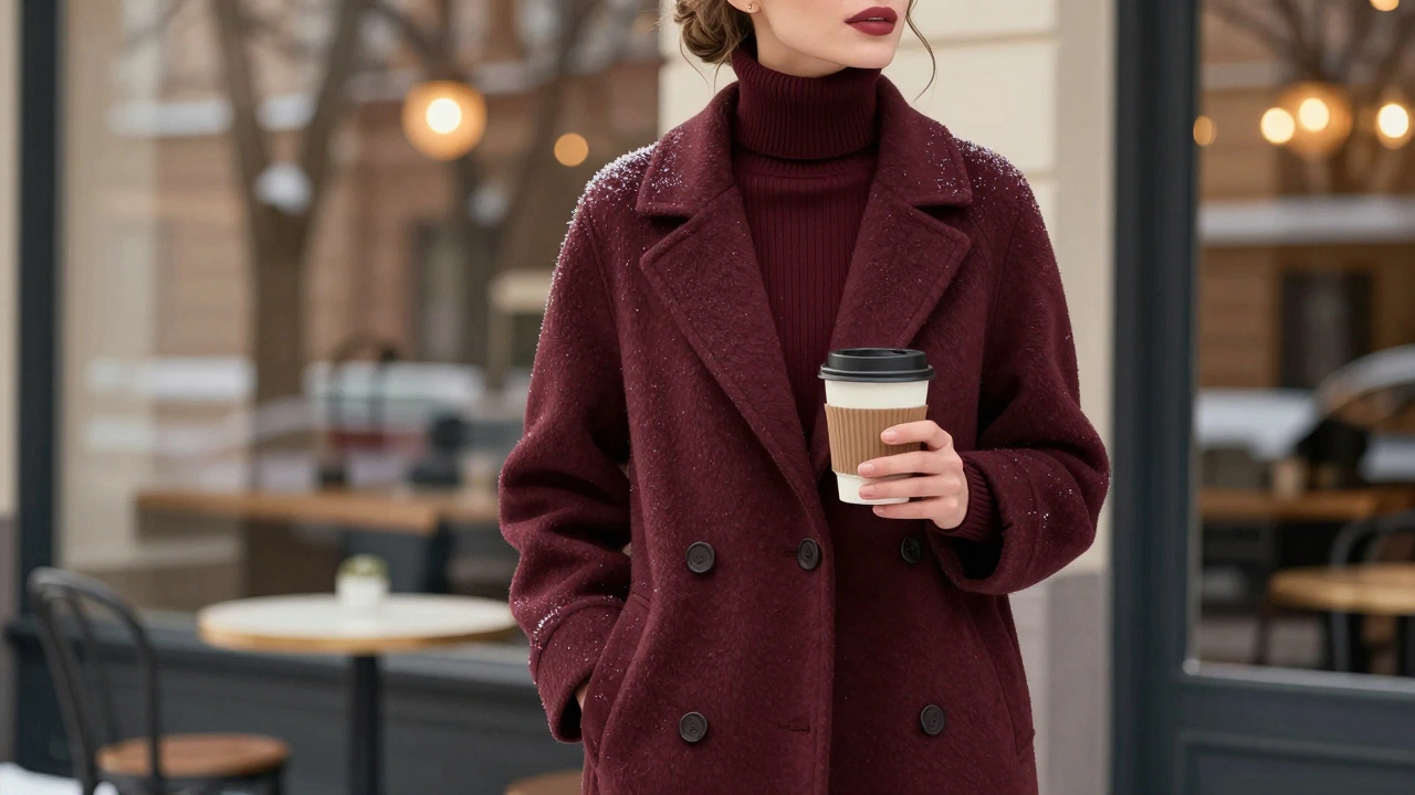 Женщина в шерстяном пальто с воротником-хомутом стоит у кафе зимним днем.