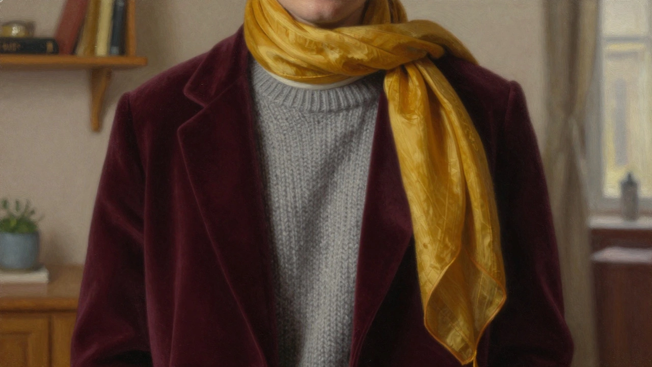 Бордовое пальто и тёплый серый свитер с желтым шарфом на фоне уютного интерьера.