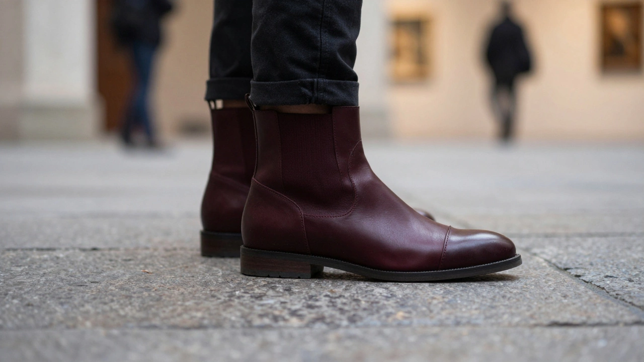 Ботильоны на тонкой подошве стоят на каменном пути в художественном пространстве.