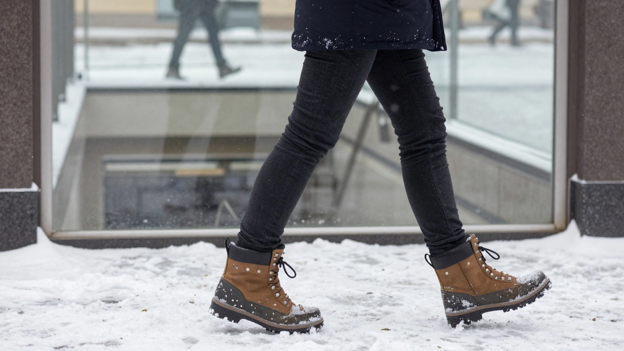 Человек идет по снежной улице в прочных зимних ботинках.