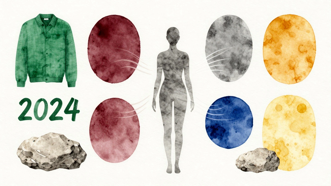 Цвета моды 2024 года — изумрудный, бордовый, серый, индиго и медовый — как живые элементы вокруг силуэта человека.