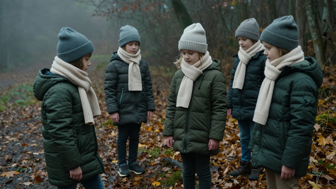 Дети в тёмно-зелёных куртках играют у леса в туманную осень.