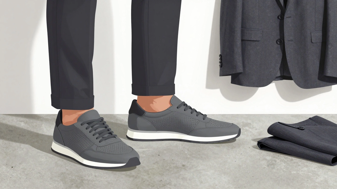 Гибридные кроссовки с элегантной задней частью лежат рядом с брюками и пиджаком.