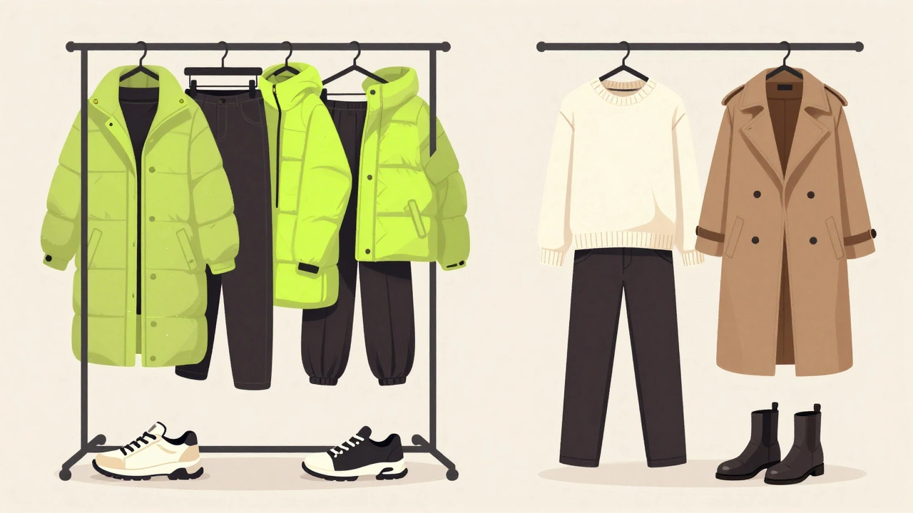 Контраст: слева — перегруженная мода 2023 года, справа — минимализм 2024 года с чистыми линиями и натуральными тканями.