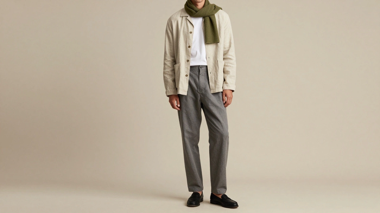 Мужчина в минималистичном образе с белой футболкой и серыми брюками на нейтральном фоне