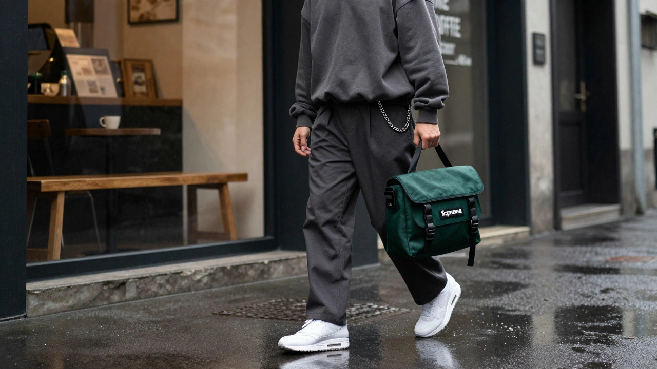 Мужчина в уличном стиле с высокими брюками и белыми кроссовками идет по мокрой улице