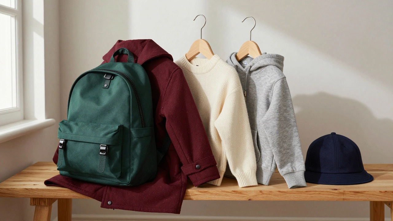 Осенняя детская одежда: бордовое пальто, кремовый свитер и серый худи на полке.