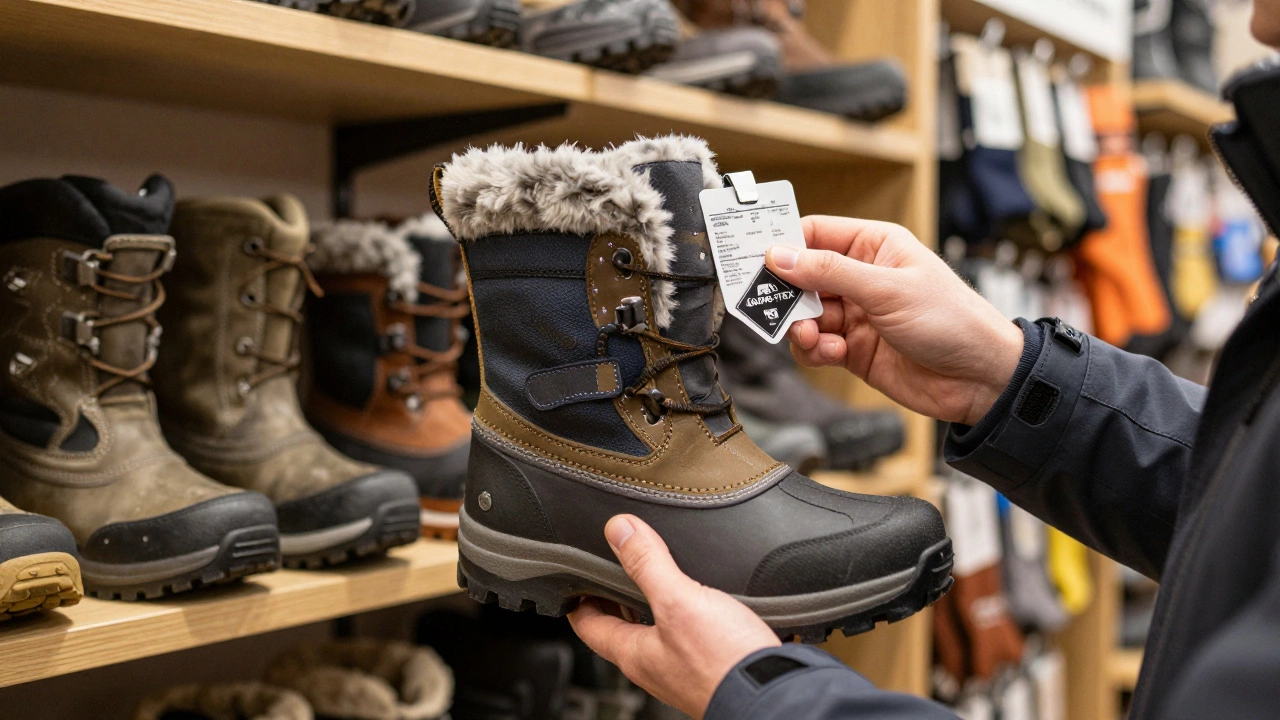 Покупатель осматривает зимние ботинки с этикеткой материалов в специализированном магазине.
