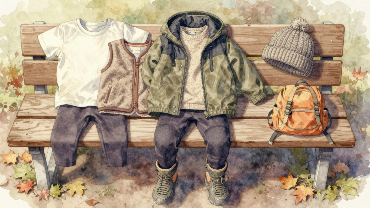 Разложенные слои детской одежды для 18 градусов: хлопок, меринос, ветровка, термоколготки и ботинки.