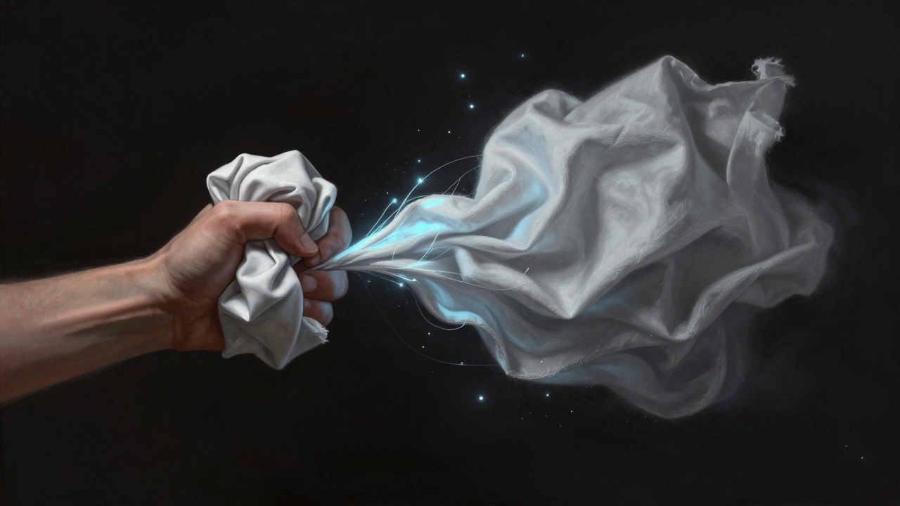 Рука раскрывает смятую ткань — она восстанавливает форму, в отличие от мятого хлопка