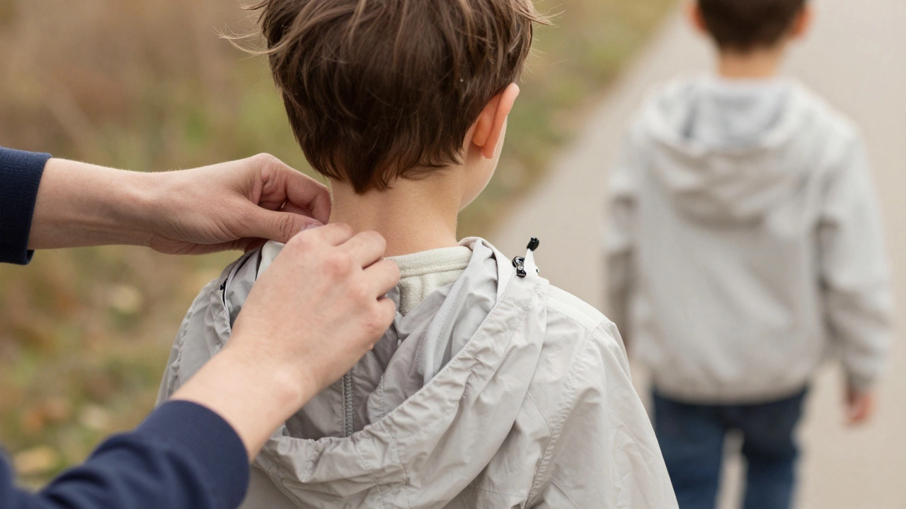 Спина ребёнка в лёгкой ветровке, кожа сухая, на фоне осеннего пейзажа — нет пота и холода.