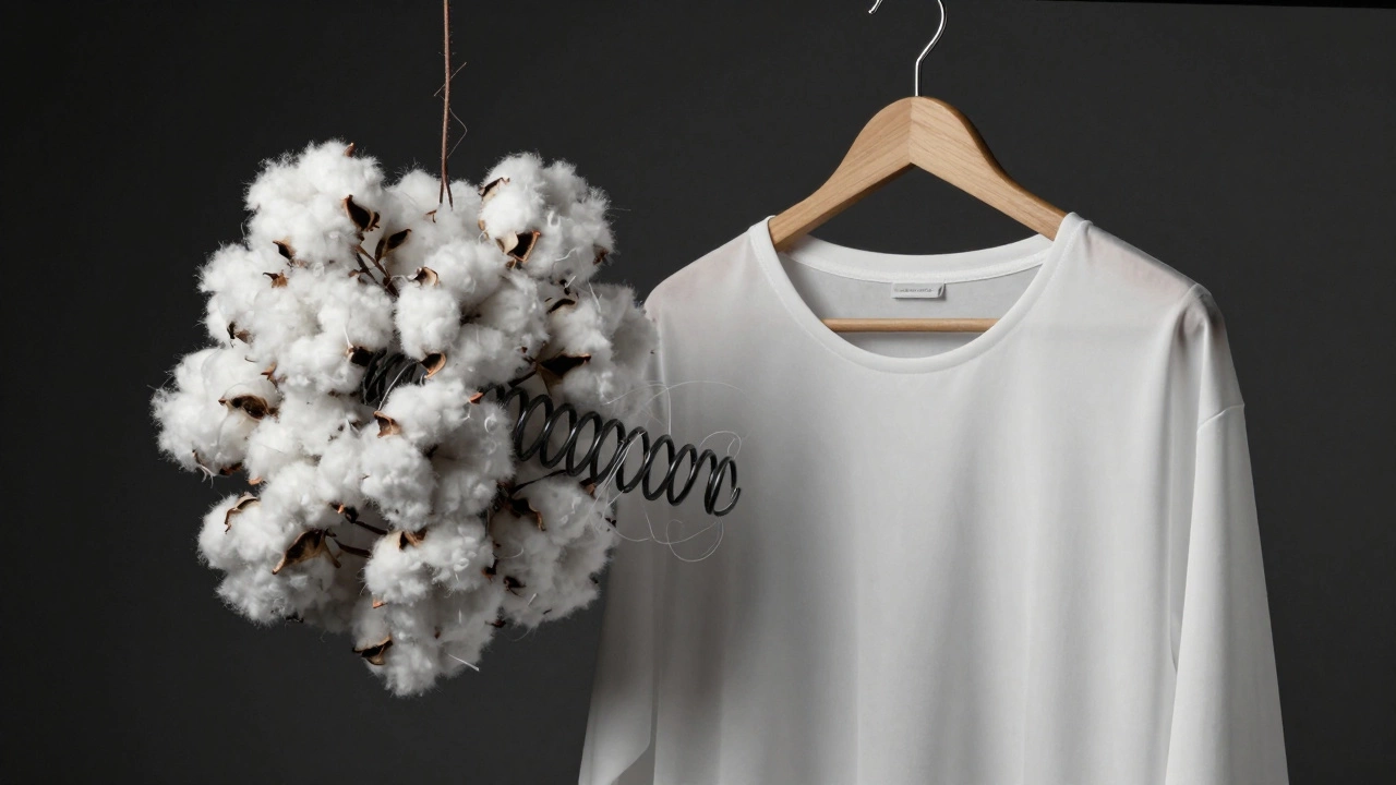 Сравнение скомканного хлопка и гладкой ткани с пружиной, символизирующей эластан, на вешалке.