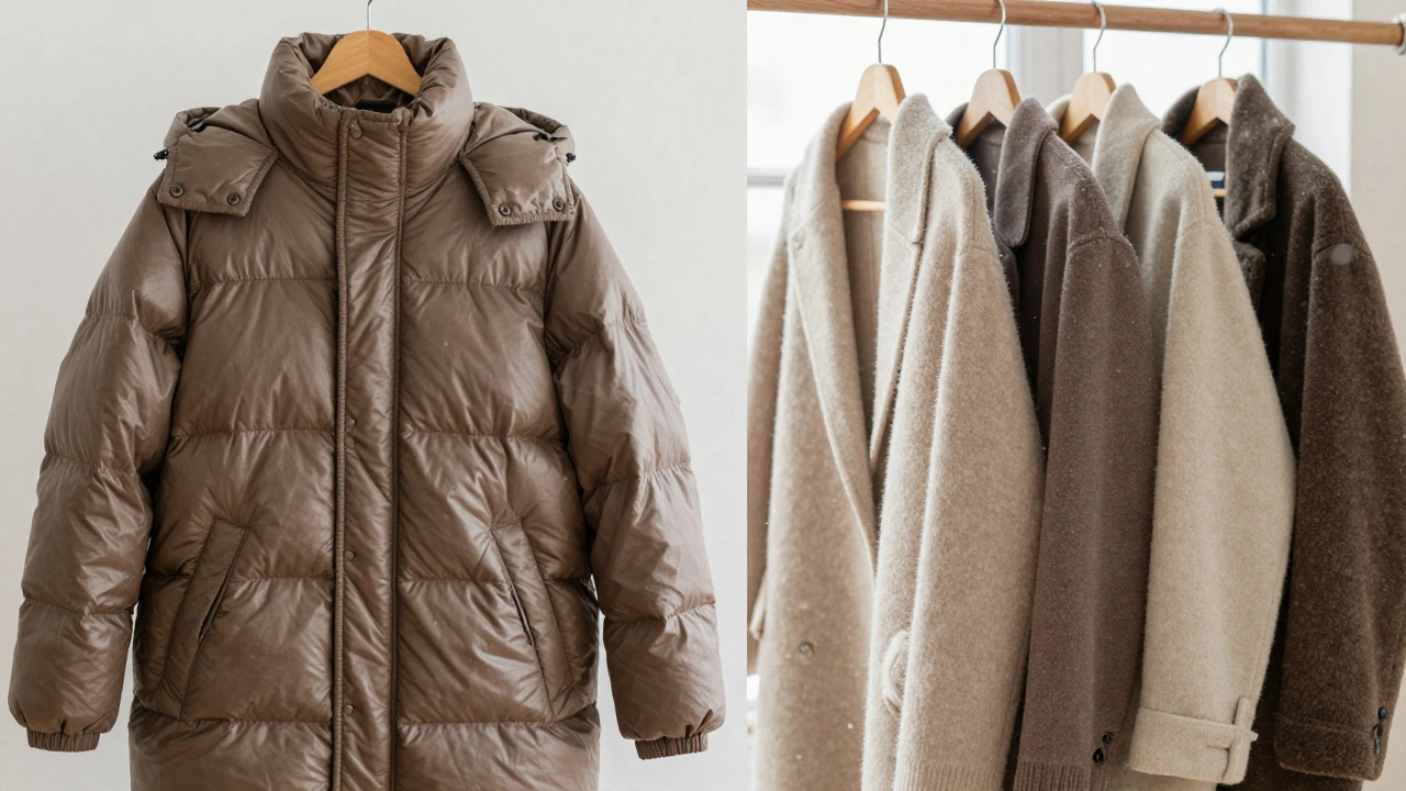 Сравнение устаревшего зимнего пальто и современного слоёного образа, снежинки между ними, натуральный свет.