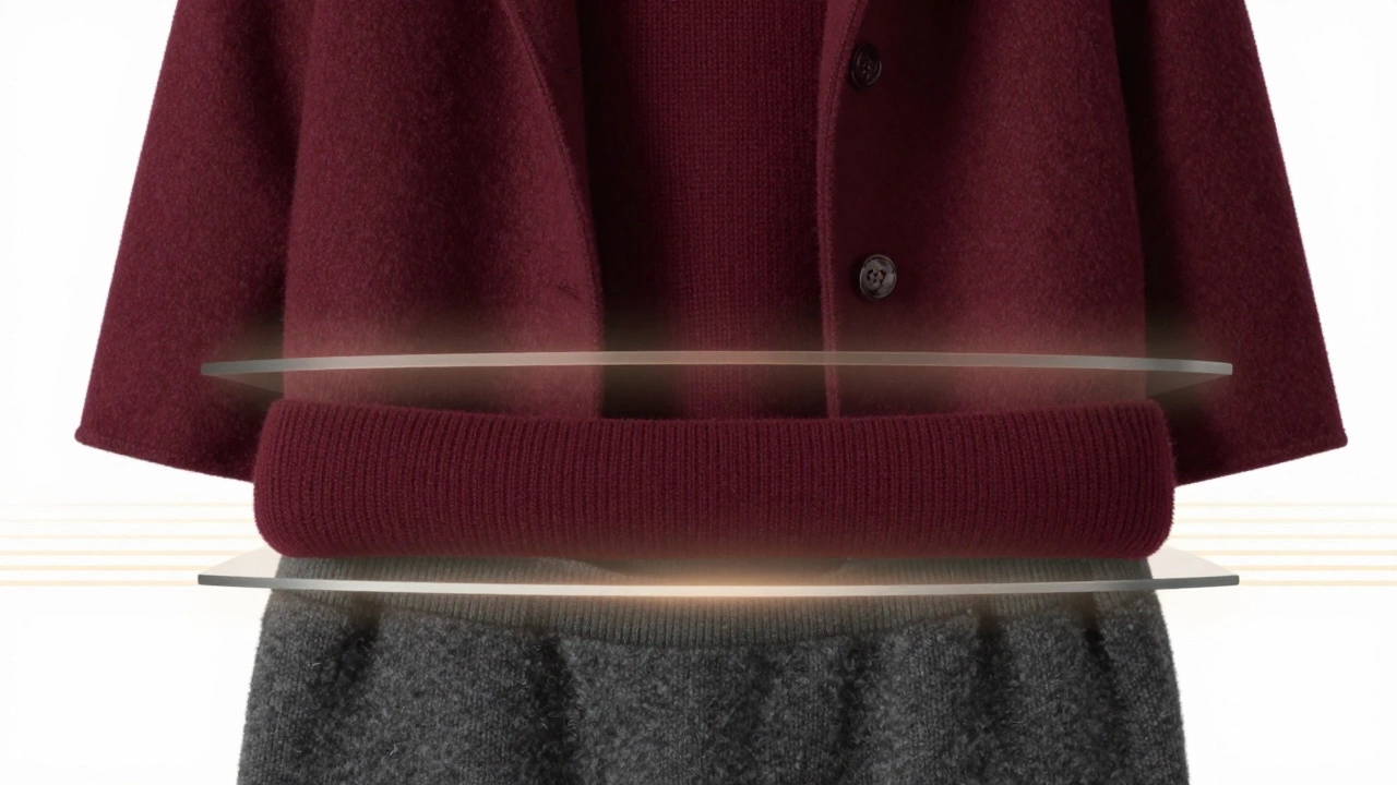 Три слоя зимней одежды: термобелье, кашемировый свитер и шерстяное пальто, расположенные слоями на белом фоне.