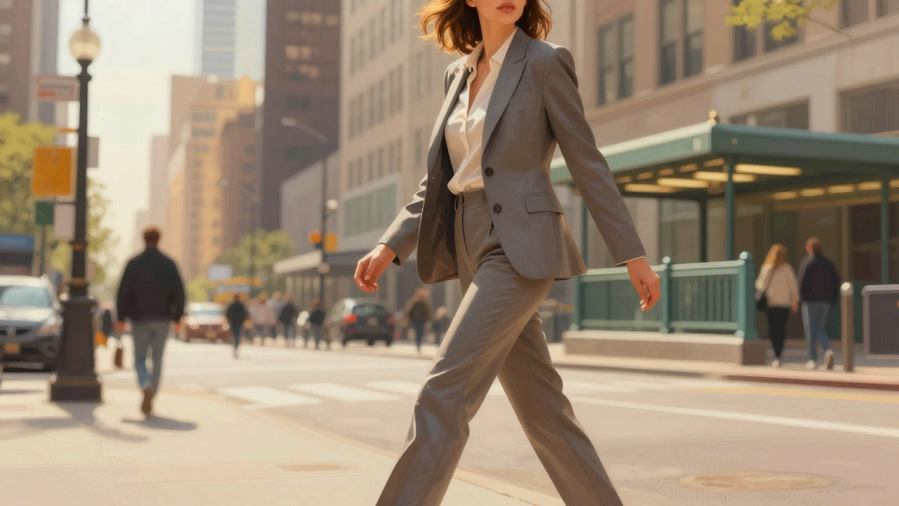 Женщина в элегантном костюме из эластичной ткани идет по городу, одежда гладкая и свободно драпируется.