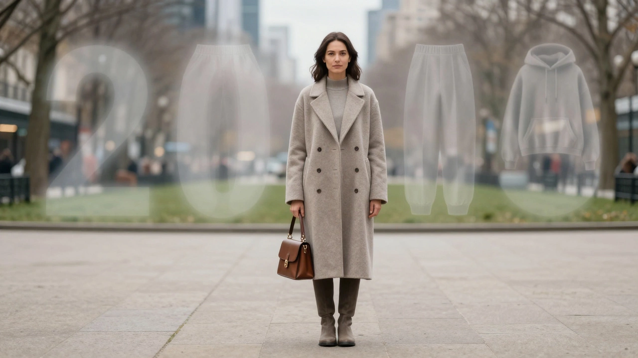 Женщина в нейтральной одежде, позади — призрачные силуэты устаревших трендов: логотипы, объёмные брюки и капюшоны, растворяющиеся в тумане.