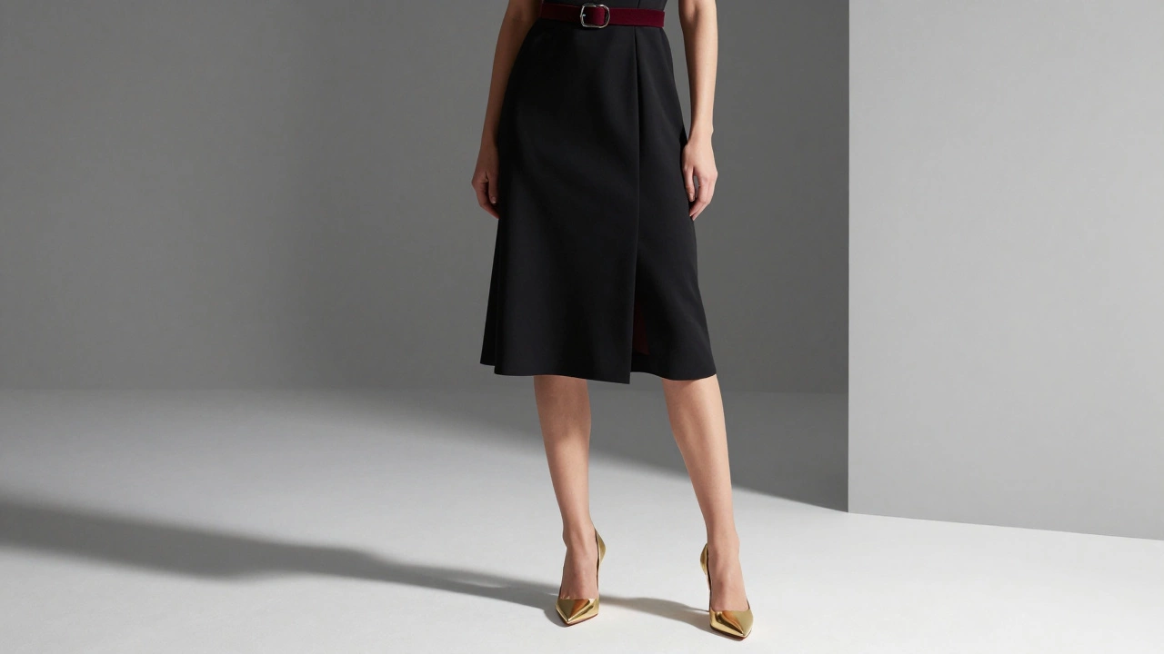 Черное платье с бордовым поясом и золотыми туфлями, элегантный образ