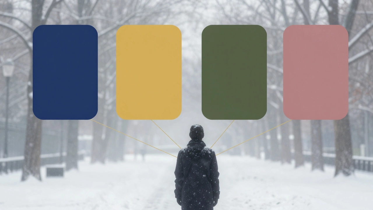 Четыре приглушенных цвета 2024 года плавают в тумане, соединённые золотыми нитями с силуэтом человека в парке под снегом.