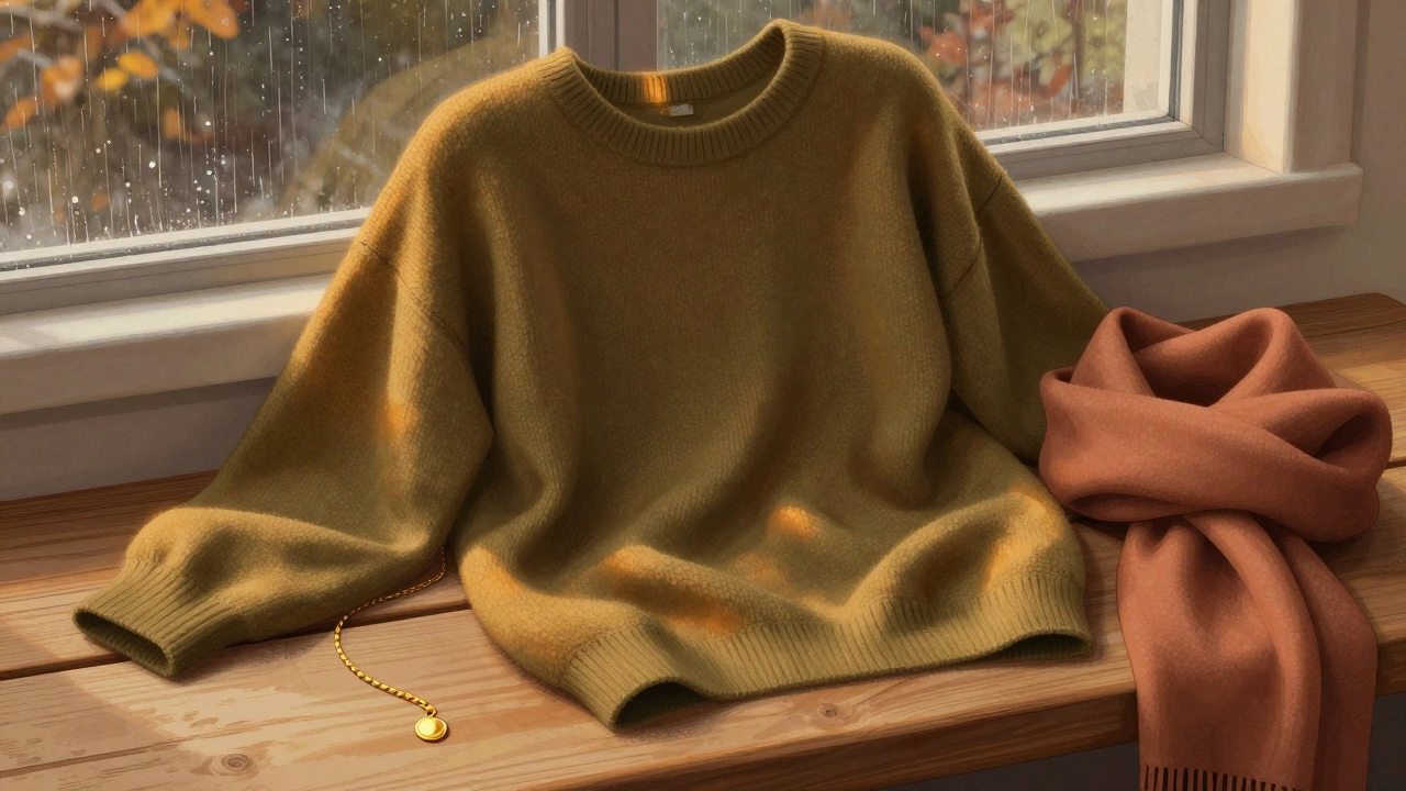 Деталь свитера с драпировкой в оливковых и медовых тонах на деревянной скамье с шарфом и тонкой цепочкой.