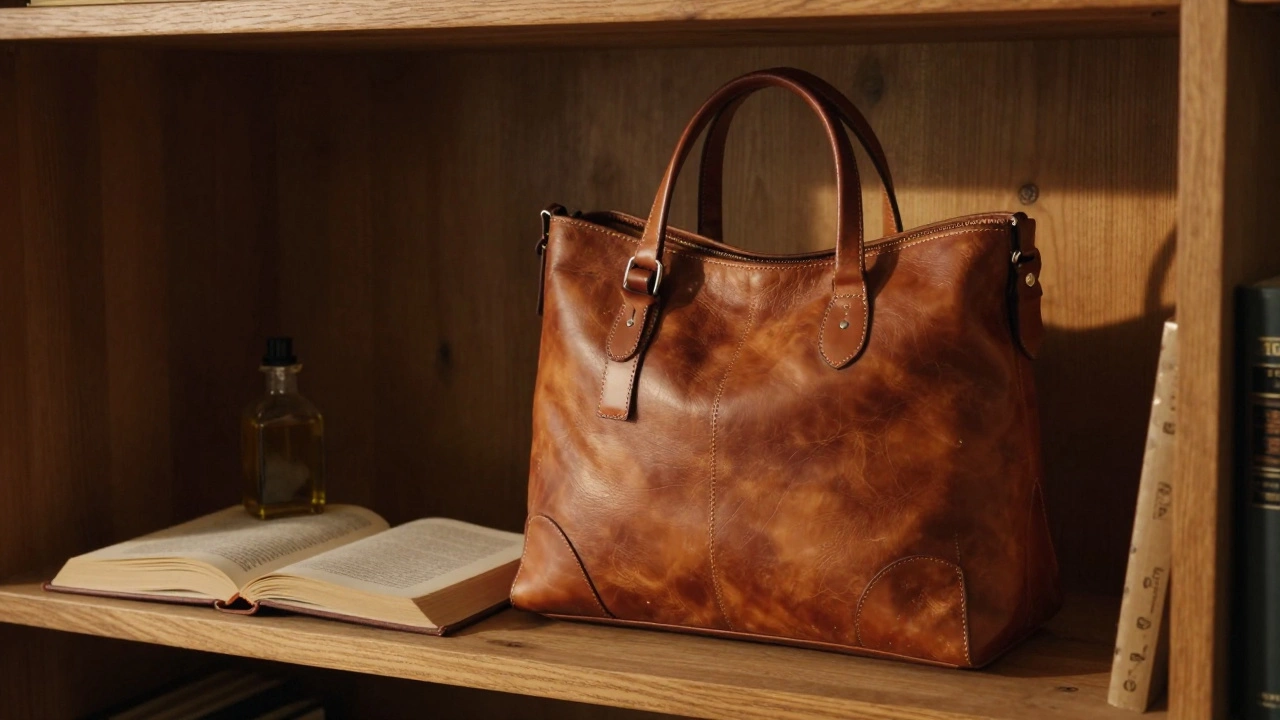 Кожаная сумка на деревянной полке рядом с книгой и маслом, создавая атмосферу роскоши и ухода.