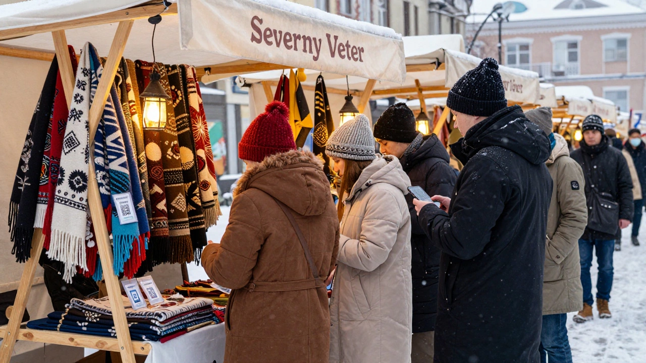 Люди на зимнем рынке в Новосибирске покупают одежду у небольшого бренда, используя телефоны для заказов через Telegram.
