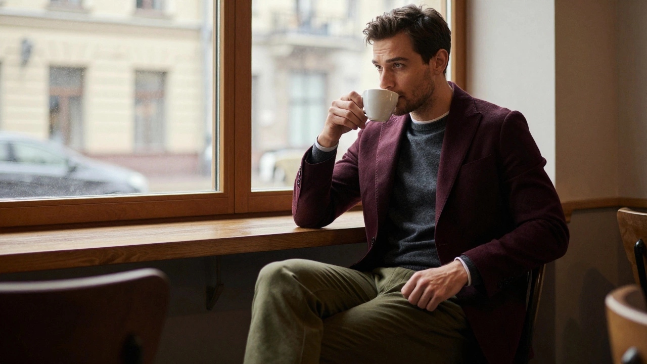 Мужчина в бордовом пиджаке и оливковых брюках в кафе с естественным светом.