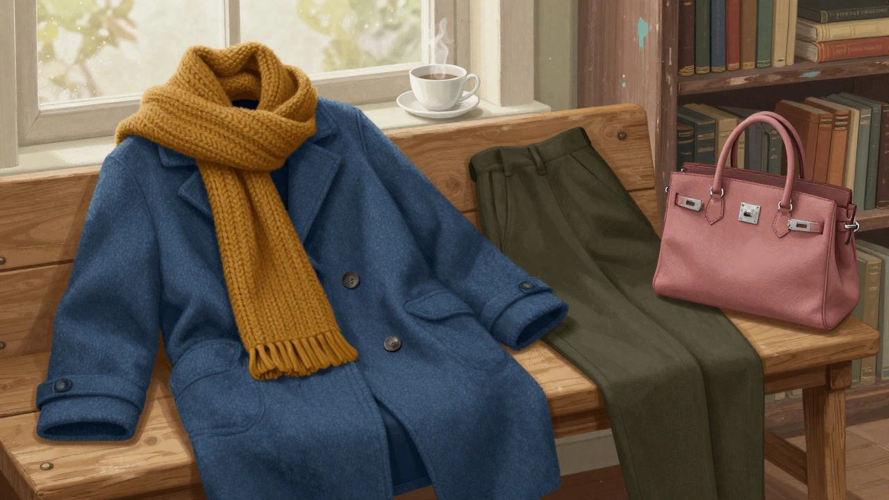 На деревянной скамье лежат синее пальто, горчичный шарф, оливковые брюки и розовая сумка — стильная, спокойная композиция.