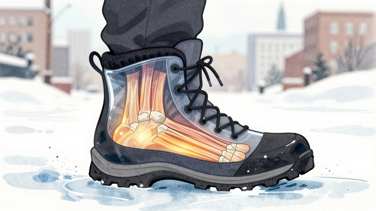 Прозрачный вид внутри зимнего ботинка: теплоизоляция, подошва с протектором и свободное пространство для пальцев.