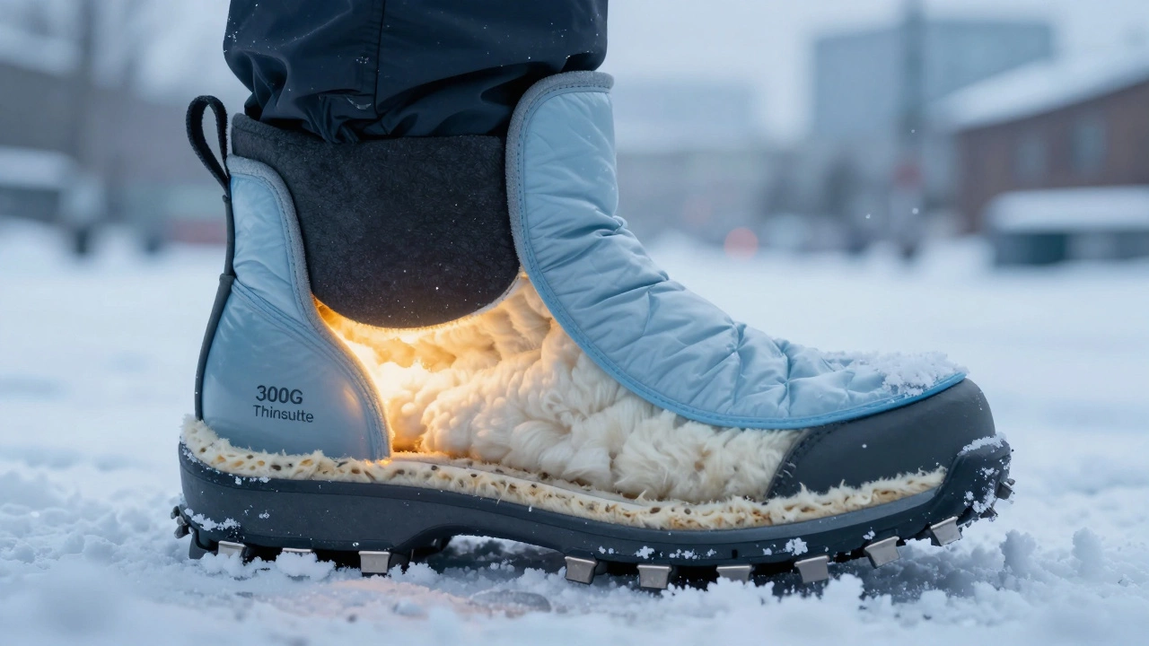 Разрез зимнего ботинка, показывающий слои утепления, мембраны и металлических шипов в подошве.