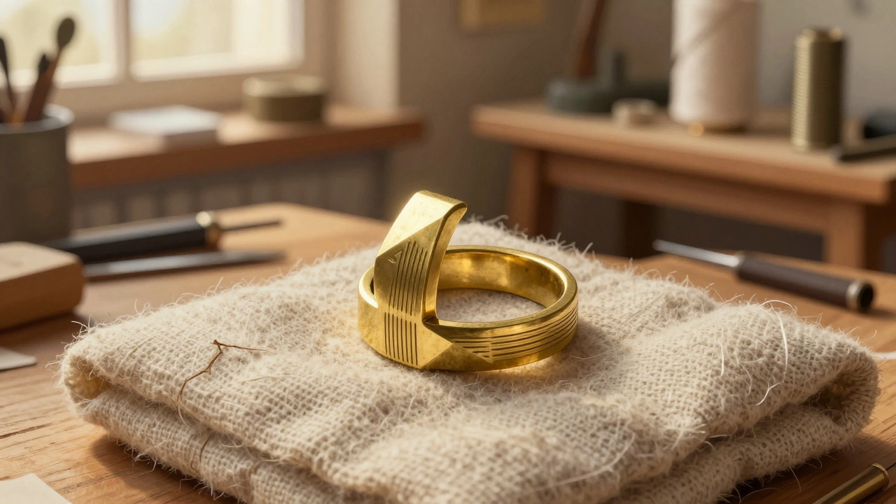 Ручная бронзовая кольцо с гравировкой лежит на тканевой манжете, рядом видны инструменты мастерской.