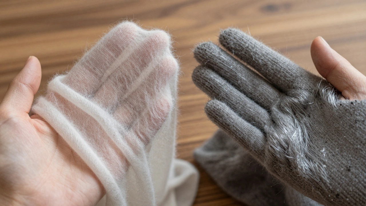 Сравнение текстур: натуральный кашемир и синтетическая ткань на деревянной поверхности.