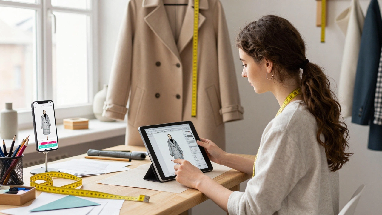 Швея в ателье использует планшет с 3D-моделью пуховика, рядом лежат ткани и инструменты для ремонта.