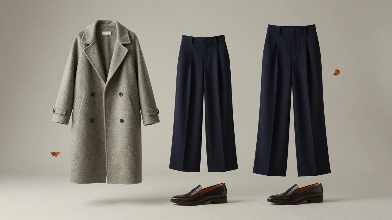 Три ключевые вещи осеннего гардероба 2024: пальто, брюки и лоферы на толстой подошве в нейтральном пространстве.
