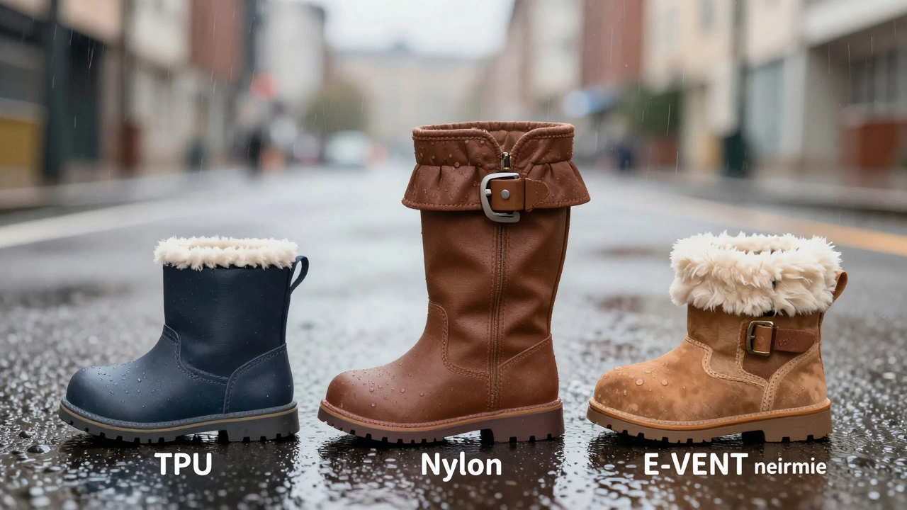 Три типа осенней детской обуви: полуботинки, высокие ботинки и утеплённые ботинки с текстурами материалов.