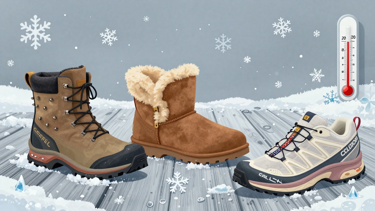 Три типа зимней обуви на ледяном полу: ботинки, сапоги и кроссовки с технологиями защиты от холода.