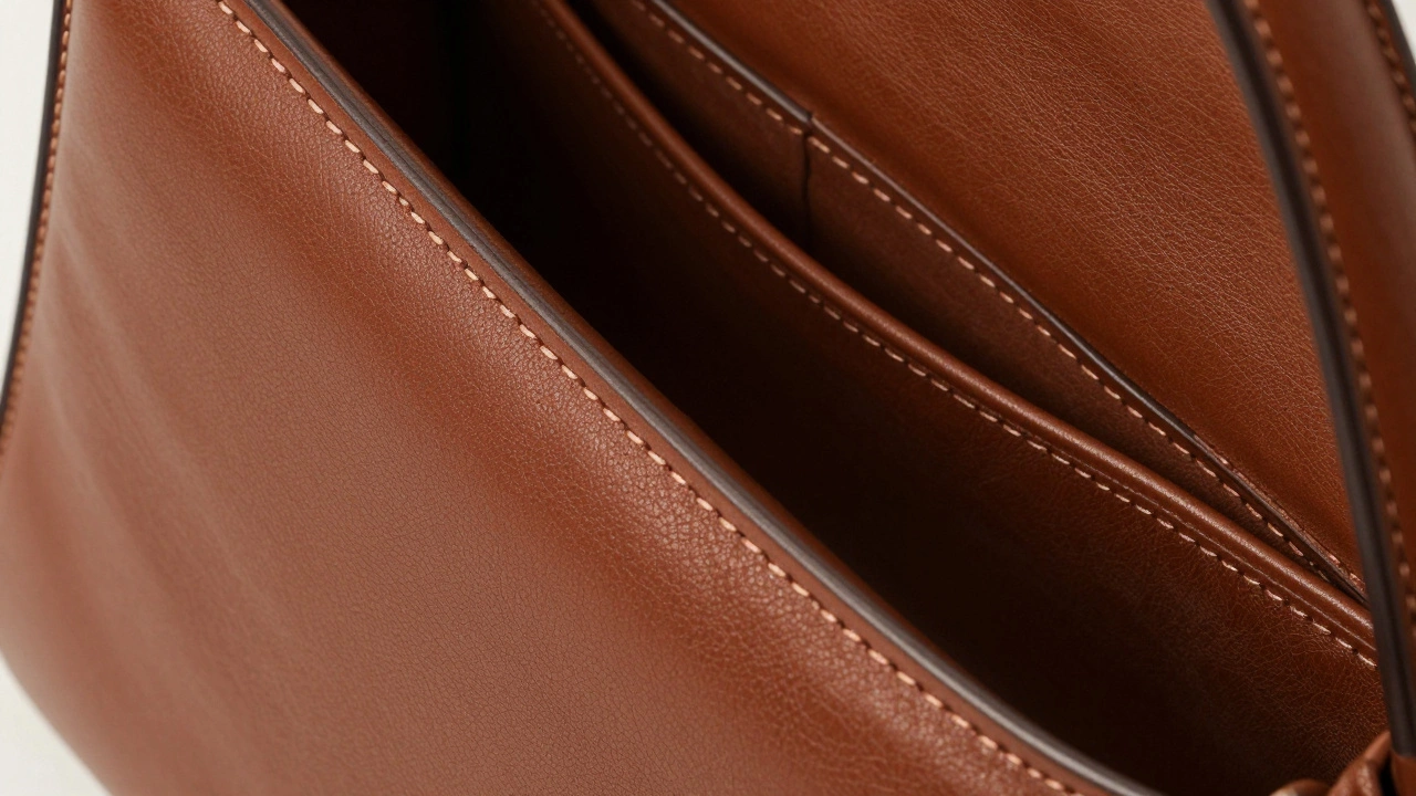 Внутренние швы сумки, выполненные техникой седельного стежка с двойной нитью.