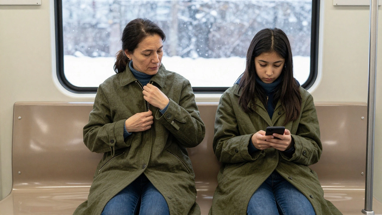 Женщина среднего возраста и молодая девушка сидят вместе на скамье, обе в одинаковых шерстяных пальто.