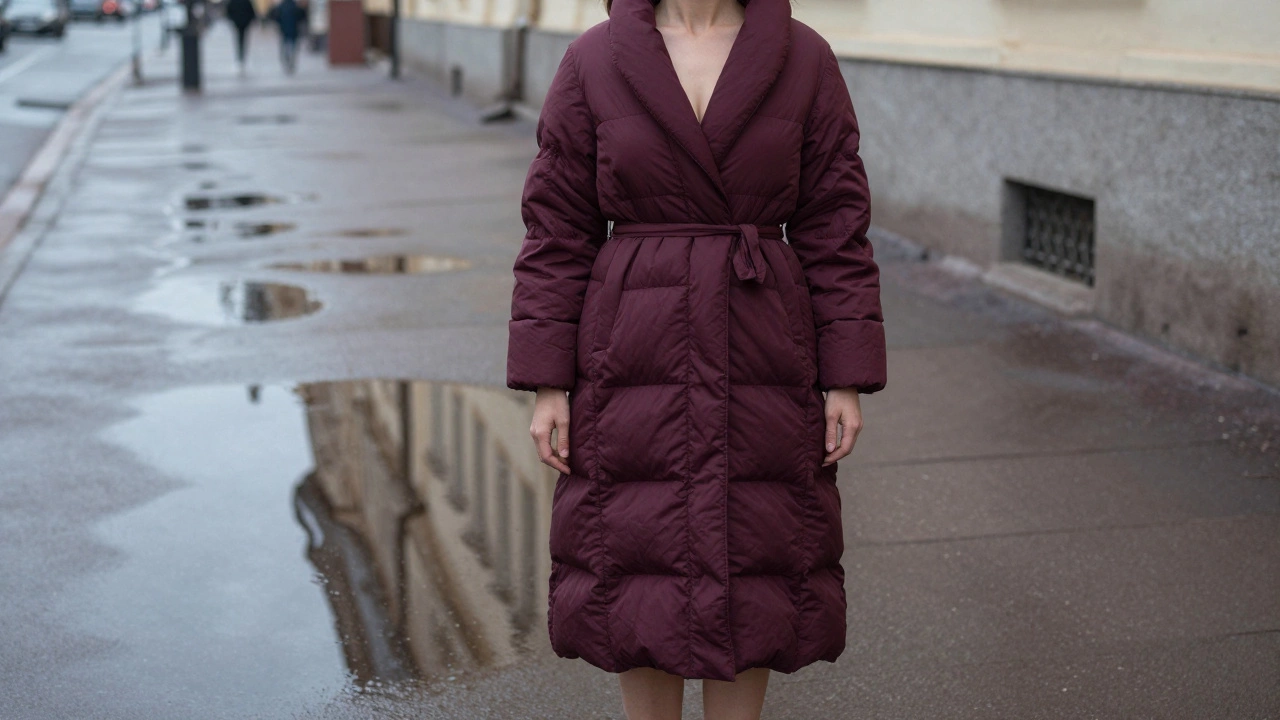 Женщина в длинном пуховике с V-вырезом у лужи в Санкт-Петербурге.