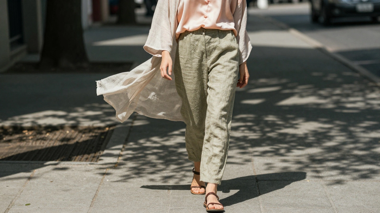 Человек в шелковой блузке и льняных брюках с лёгкой накидкой и сандалиями