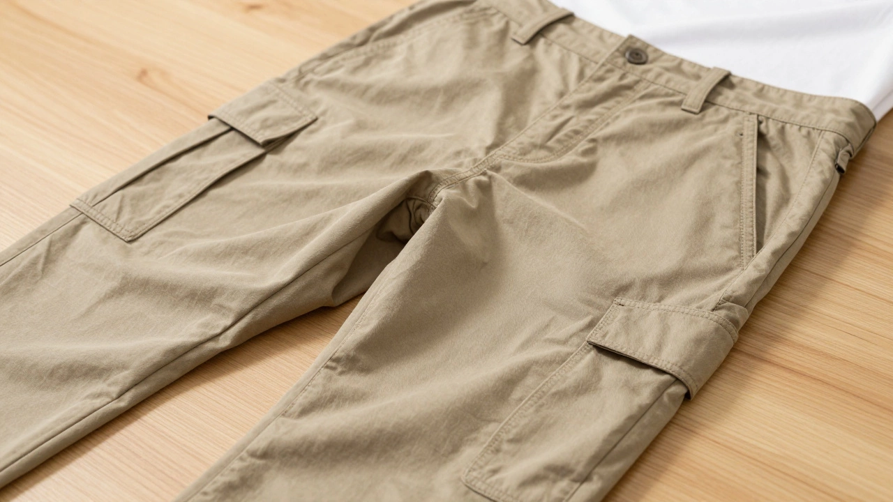 Деталь кармана на мягких мужских брюках цвета хаки крупным планом