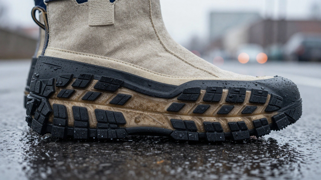 Детализированный взгляд на подошву кроссовок с рифленым протектором, вдавленную в ледяной асфальт.