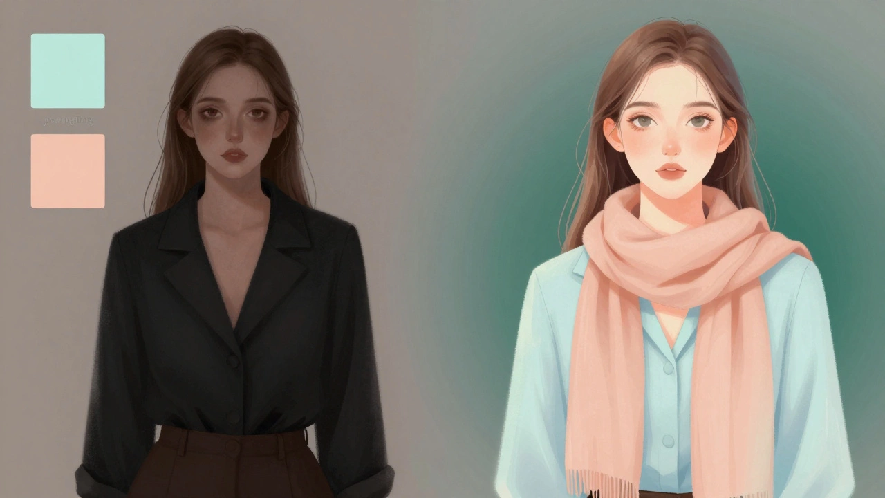 Два портрета одной женщины: слева в черном — тусклая кожа, справа в персиковом — сияющая, визуальное сравнение влияния цвета.