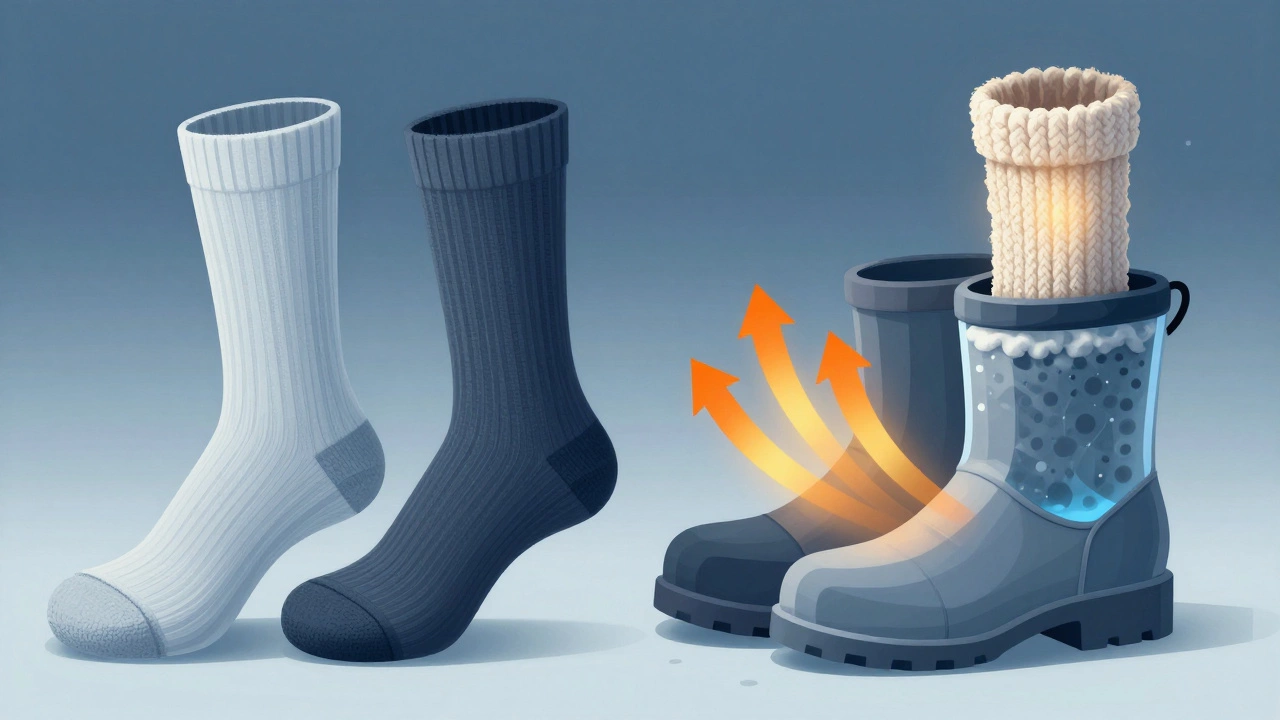 Два слоя носков: тонкий влагоотводящий и средний утепляющий, рядом с ботинком, где внутри накапливается влага из-за плохой подкладки.