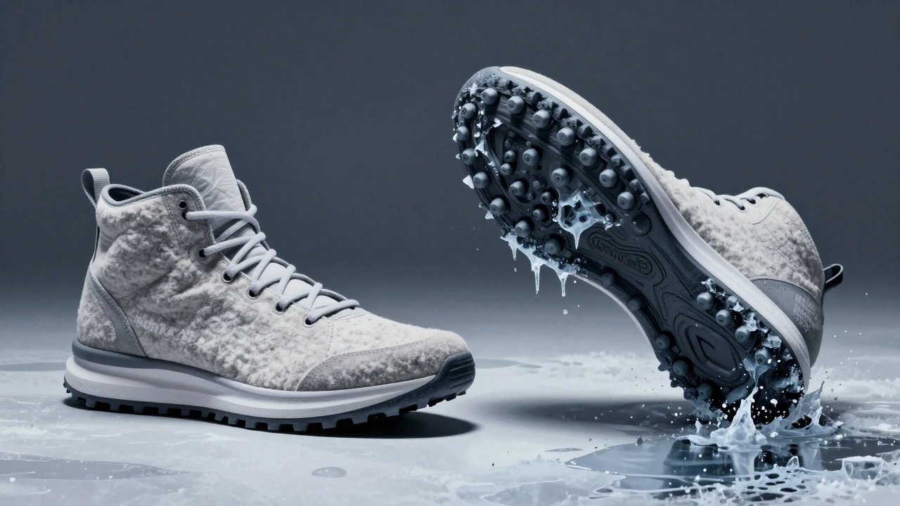 Два стиля кроссовок 2026 года: тонкий верх из устойчивой ткани и массивная подошва с противоскользящими выступами на льду.