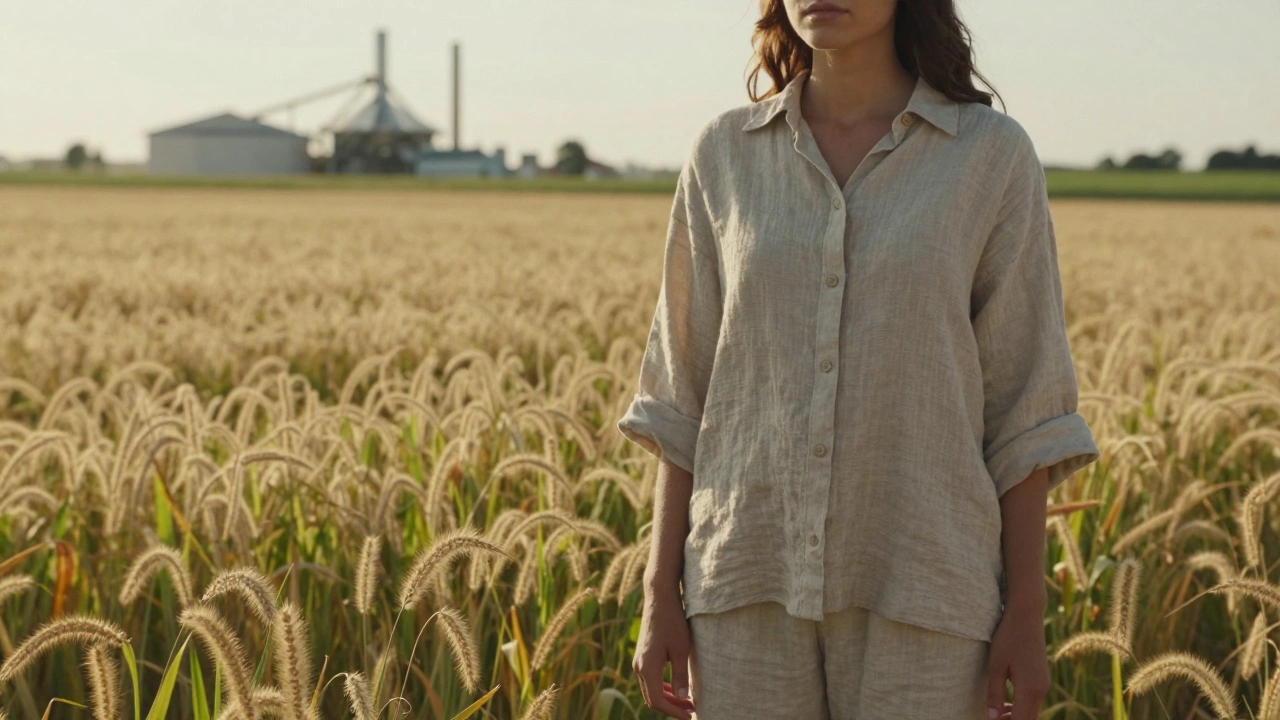Модель в органической одежде на фоне золотого поля льна