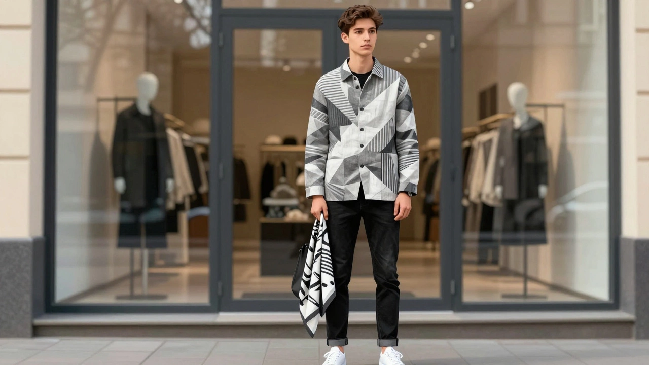 Молодой мужчина в льняной жакетке с геометрическим принтом в стиле цифрового шума.