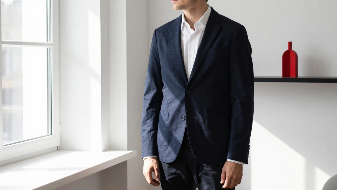 Мужчина в тёмно-синем пиджаке и белой рубашке у окна, солнечный свет подчёркивает контраст.