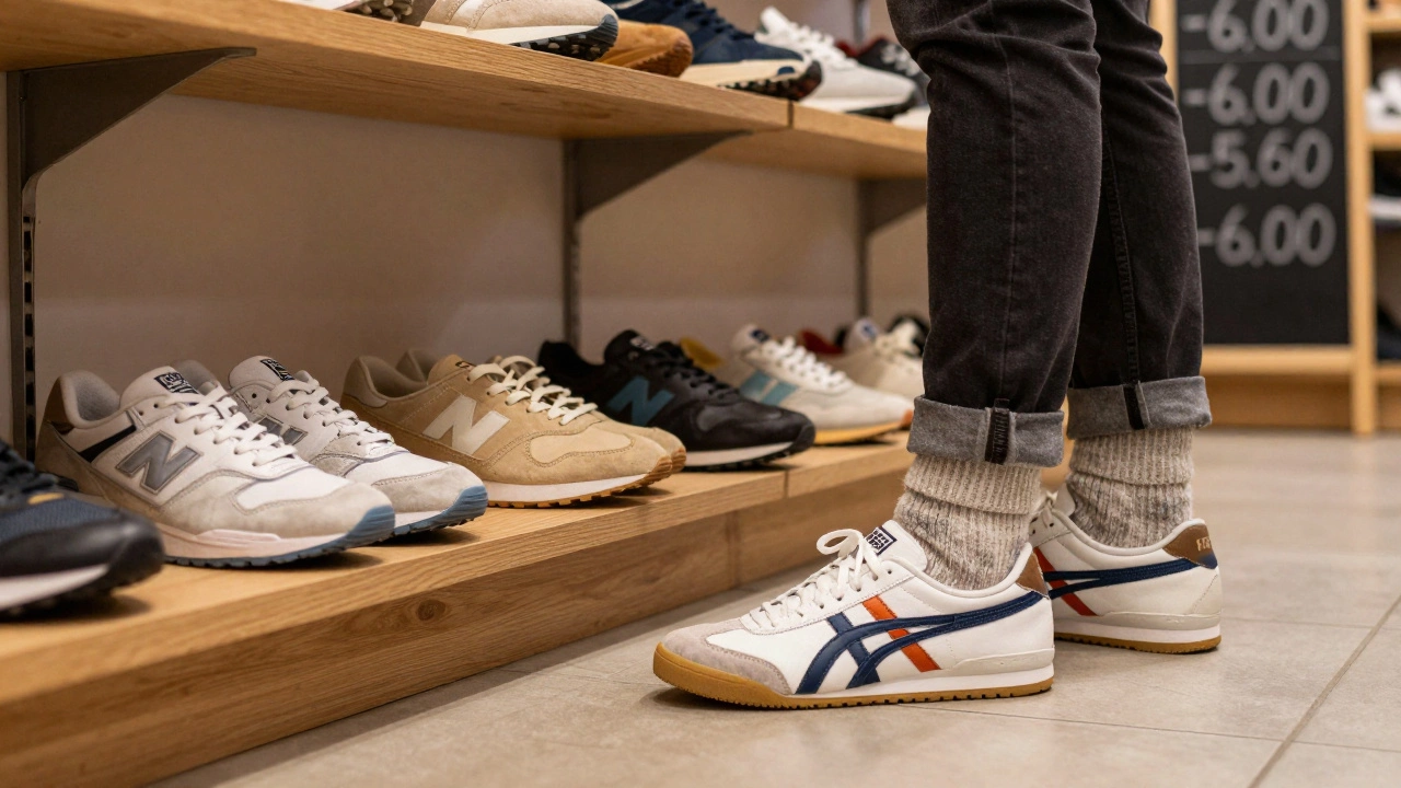 Покупатель примеряет японские кроссовки в маленьком обувном магазине с полками натуральных моделей.