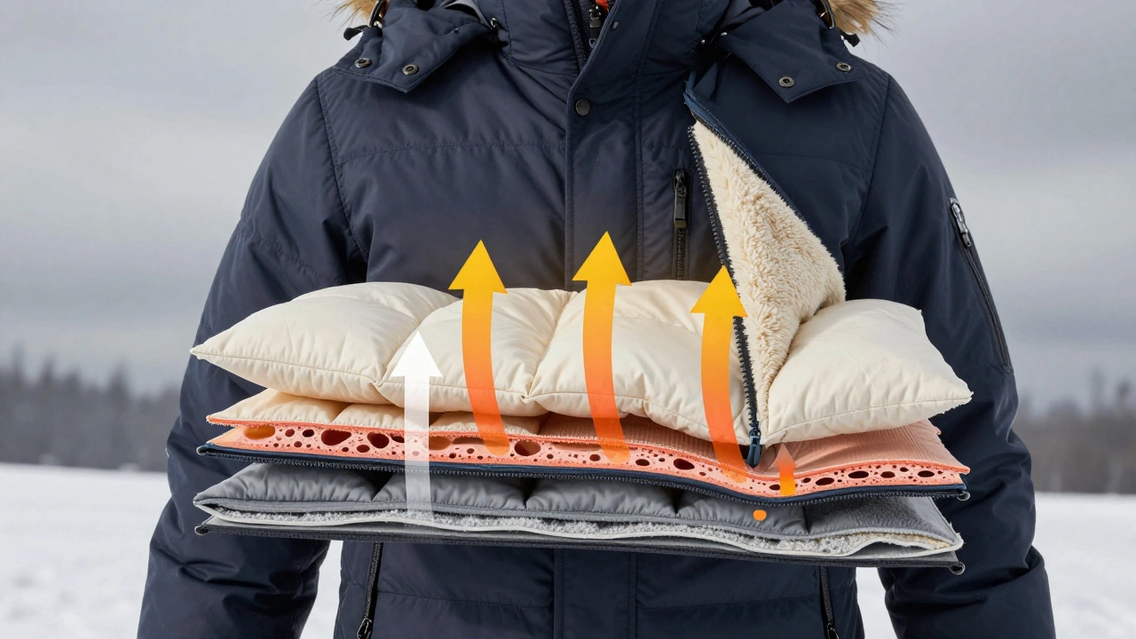 Разрез зимней куртки, показывающий слои: водонепроницаемая ткань, воздушная прослойка, пух 800 fp и флисовая подкладка.